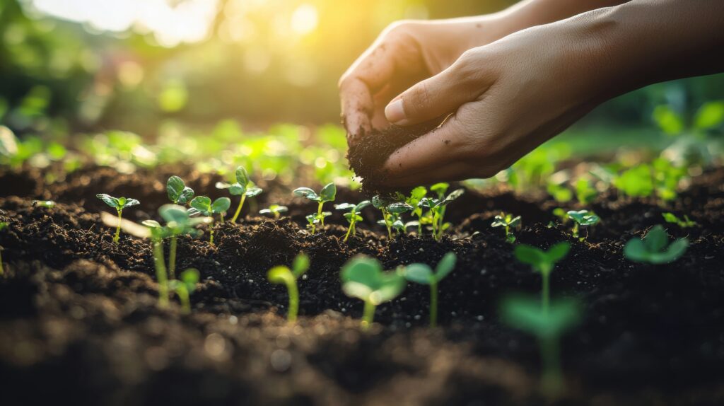 CloseUp of Hands Sowing Seeds in Soil