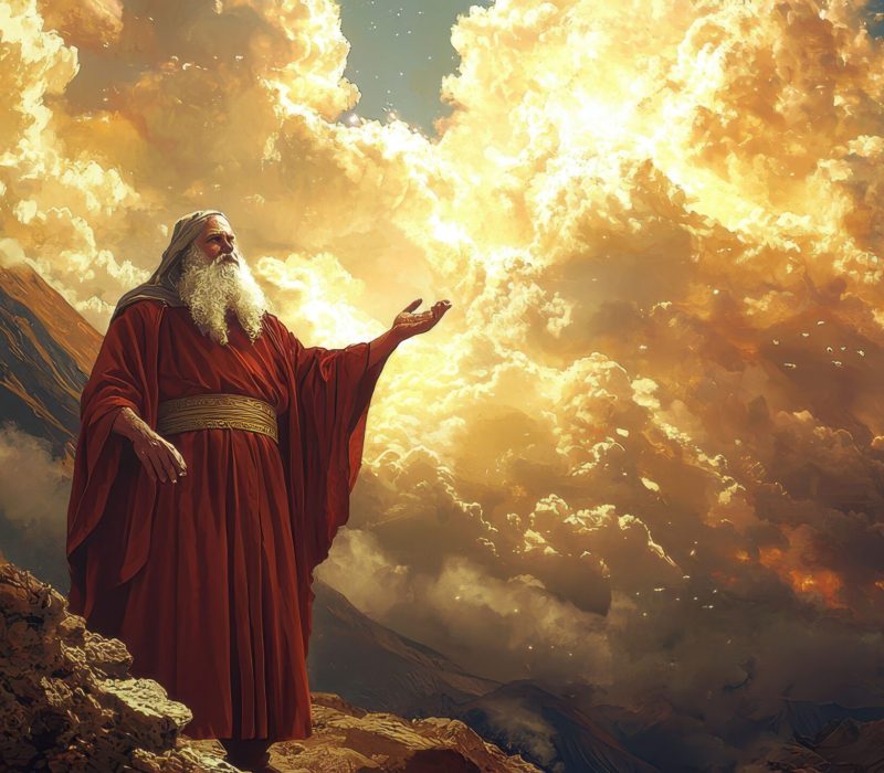 Bold Depiction of Moses Ascending Mount Sinai in Majestic Atmosphere
